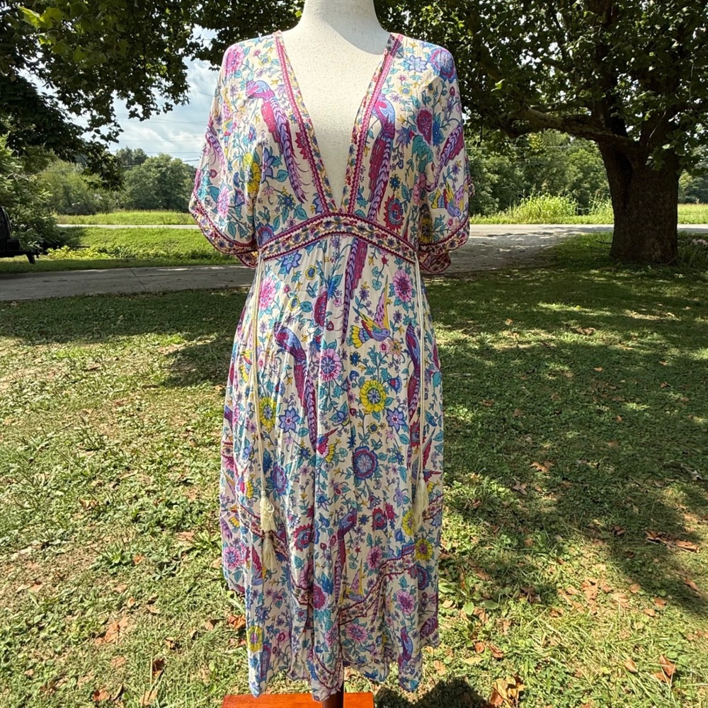 R.Vivimos Womens XL Boho Peacock Floral V-Neck Open Back Tassel Midi Dress Multi